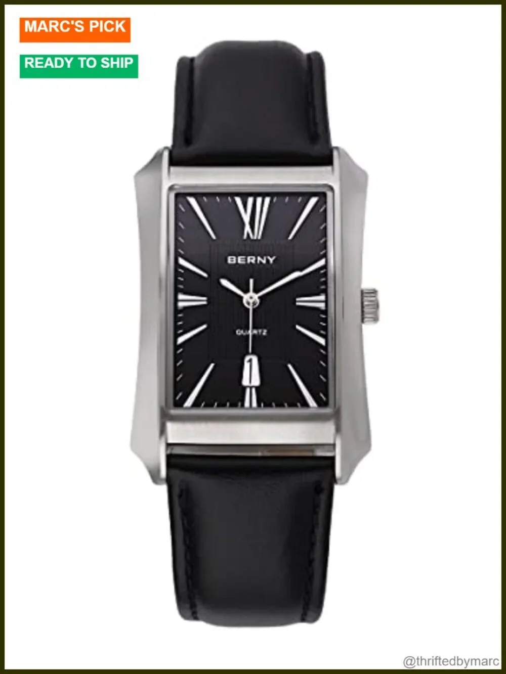 Men's Rectangular Quartz Watch Stainless Steel Leather Strap